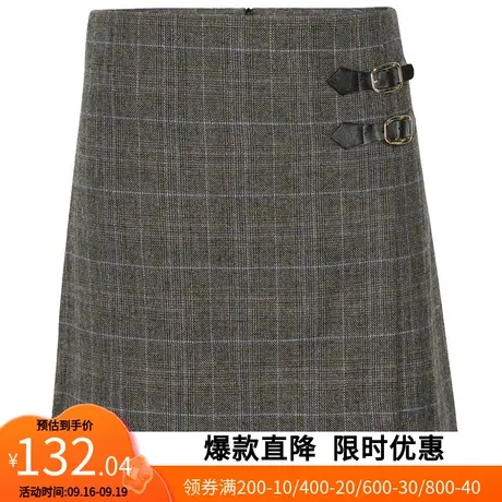 【艾格】2022夏季新款女时尚格纹皮革扣拉链学院风优雅短款A字裙图片