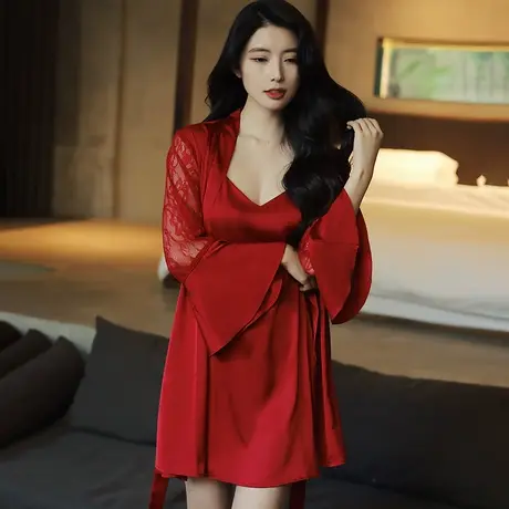 婚礼晨袍女新娘伴娘团冰丝绸结婚睡衣睡袍红色浴袍女纯欲夏季薄款图片