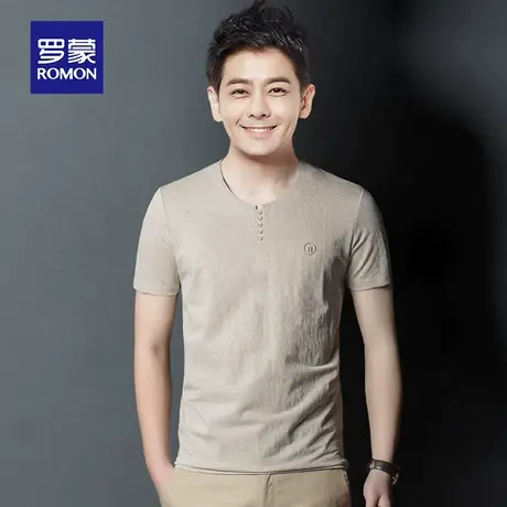 罗蒙男士冰丝短袖T恤夏季薄款中国风鸡心V领唐装上衣服中老年体恤图片