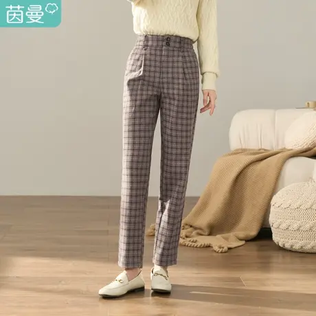 茵曼2023冬女装新款休闲中高腰双扣复古格子时尚显瘦休闲裤萝卜裤图片