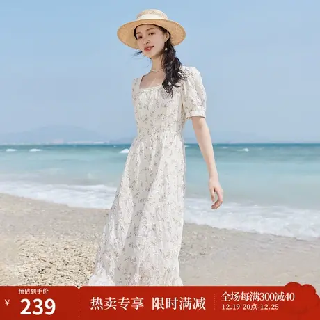 茵曼清新文艺连衣裙2023夏女装新款花边方领下摆泡泡袖收腰中长裙商品大图