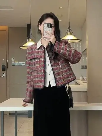 韩系复古格子小香风外套女秋装新品百搭显瘦单排扣毛呢小个子上衣商品大图