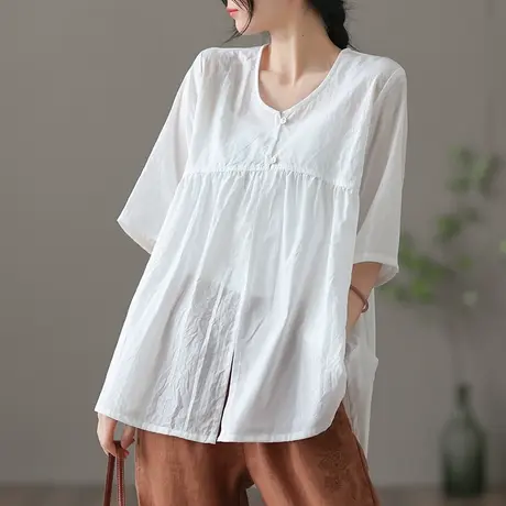 dza 文艺复古苎麻上衣女士夏季薄款短袖衬衣新款气质棉麻打底衬衫图片