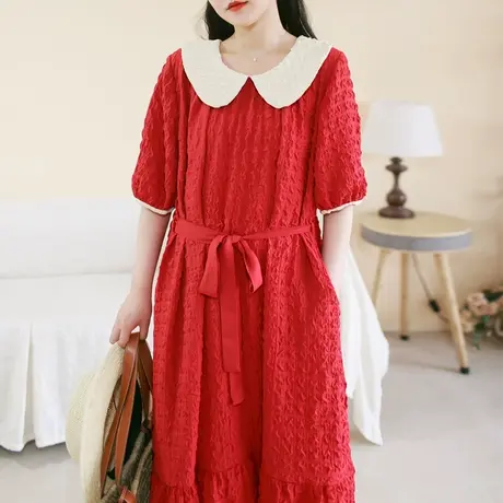 胖妹妹夏季法式复古撞色乖乖连衣裙 加大码2023新款压皱工艺长裙商品大图