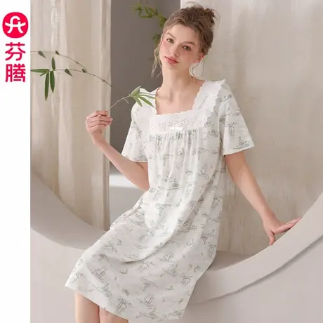 芬腾睡裙女士睡衣夏季纯棉方领中裙甜美可爱宽松大码家居服连衣裙图片