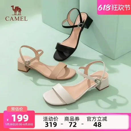 骆驼女鞋2025春夏新款黑色凉鞋女真皮粗跟方头百搭一字带凉鞋女商品大图