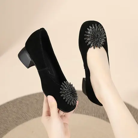 2025新款春季真皮粗跟大码女鞋41-43休闲磨砂皮单鞋女妈妈圆头42商品大图