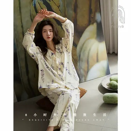 妮狄娅睡衣女秋季柔软棉长袖开衫浪漫花卉甜美少女春秋家居服套装商品大图