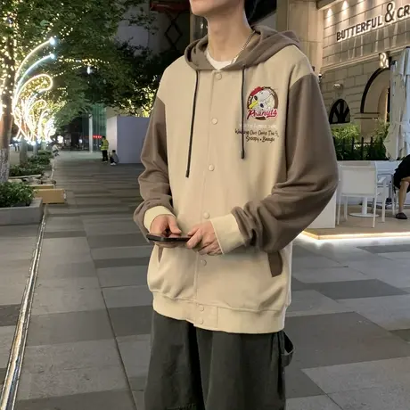 唐狮针织外套男秋季新款时尚连帽棒球服美式学生宽松夹克上衣商品大图