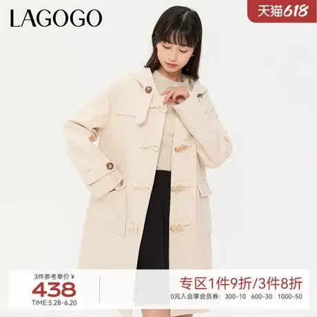 LAGOGO甜美连帽牛角扣毛呢大衣女拉谷谷冬季新款减龄学院风上衣图片
