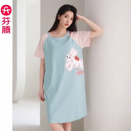芬腾夏季纯棉睡裙女士大码夏天短袖网红风可爱薄款可外穿孕妇睡衣商品大图