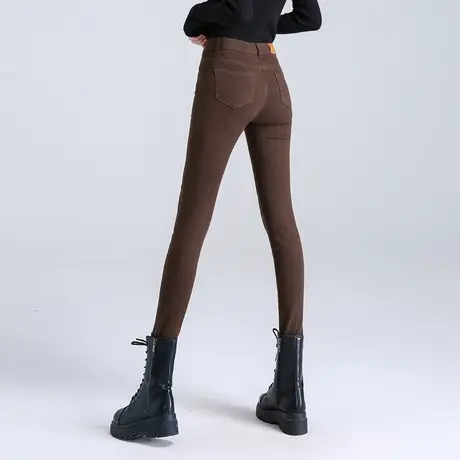 咖啡色高腰小脚裤女棕色加绒牛仔裤女2023新款秋冬加厚紧身铅笔裤图片