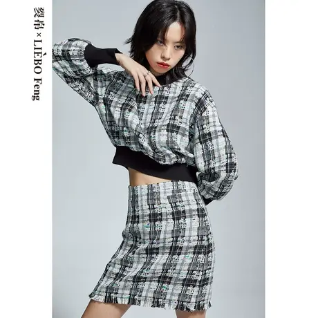 裂帛LIEBOFeng原创设计chic复古英伦格纹刺绣半身裙简约休闲套装图片