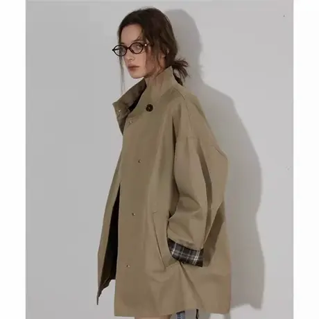 爵莱菲大码经典撞色风衣外套女春季英伦风中长款小个子宽松大衣图片