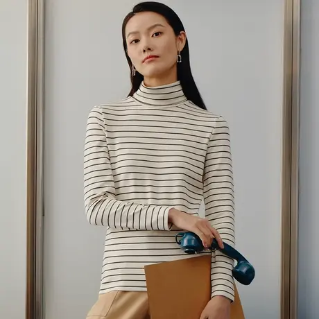 三枪秋衣女秋冬季内搭彩条高翻领单件上衣可外穿长袖打底衫23132商品大图