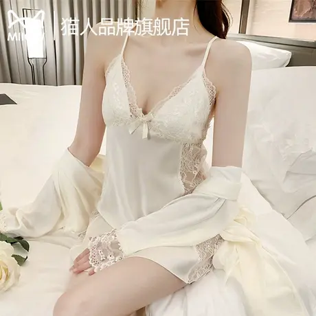 猫人冰丝睡袍夏季女睡衣2025新款纯欲风吊带裙套装带胸垫家居服商品大图