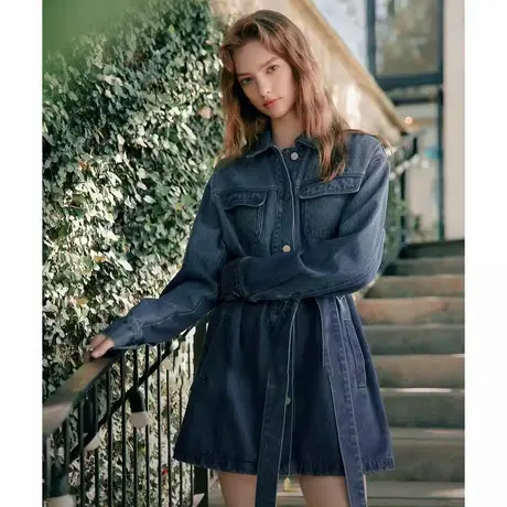 爵莱菲大码法式户外工装风翻领牛仔外套女2025秋季新款宽松休闲商品大图
