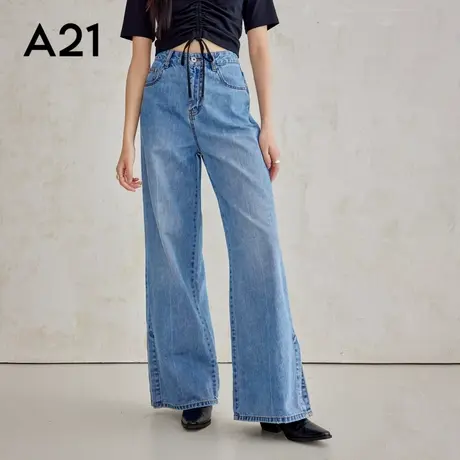 A21女装宽松高腰牛仔长裤微喇2025新款弹力直筒开叉裤子阔腿裤商品大图