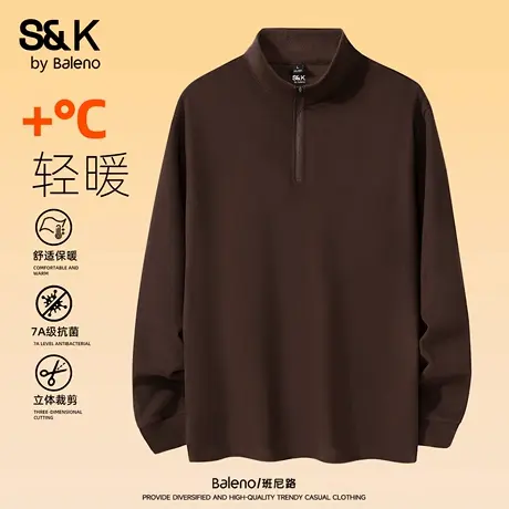班尼路S&K复古T恤男长袖秋冬季半拉链一体绒上衣7A抗菌保暖打底衫图片
