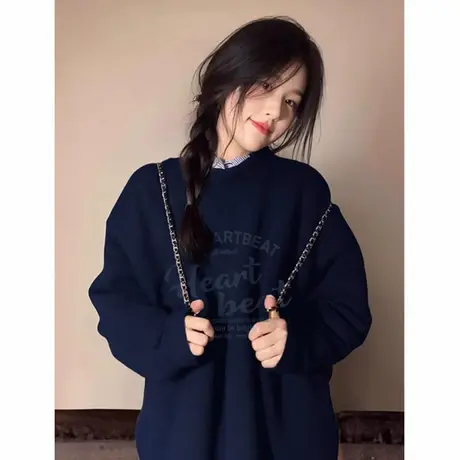 藏蓝色女款卫衣圆领2025新款爆款无帽秋冬加绒加厚韩系慵懒风上衣商品大图