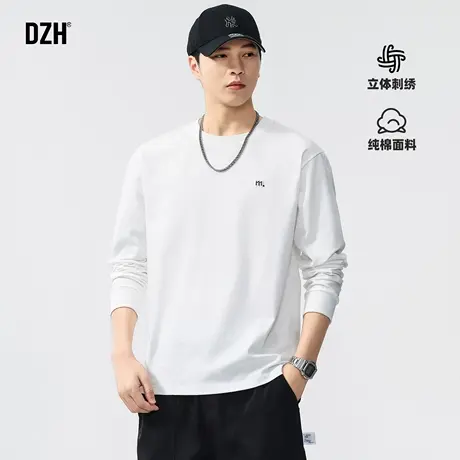 男士刺绣纯棉长袖t恤男款秋季2025新款大码美式衬衫白色上衣潮流商品大图