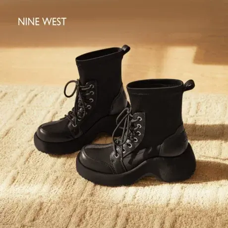 Nine West/玖熙厚底马丁靴女2025秋冬新款英伦风系带弹力靴短靴图片