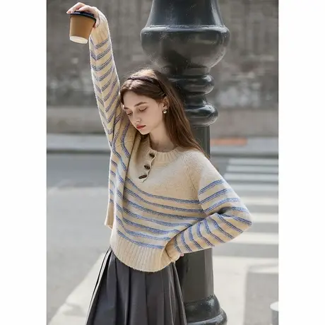 唐狮秋冬新款毛衣女半开襟条纹拼接气质韩系氛围感毛线衫TD图片