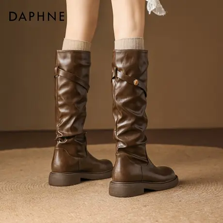 达芙妮棕色长筒靴女2025冬季新款加绒厚底骑士靴褶皱不过膝堆堆靴商品大图