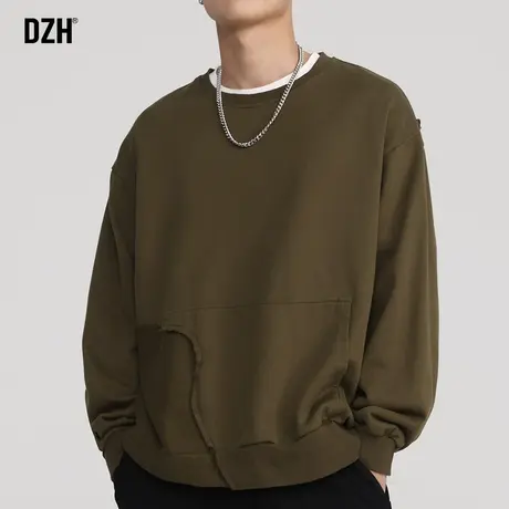 男士美式复古卫衣男秋季设计感拼接圆领上衣2023新款潮牌男生衣服商品大图