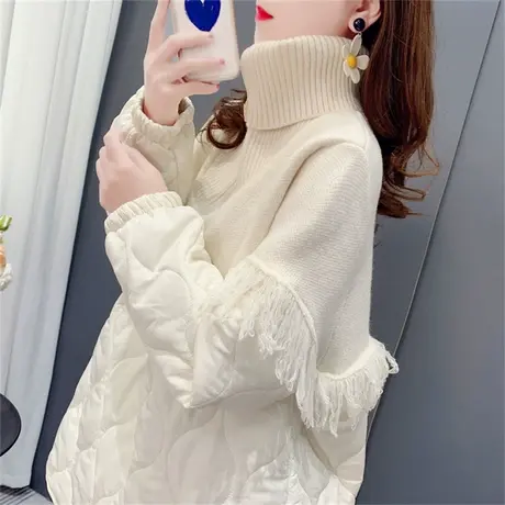 设计感流苏连帽拼接毛衣女中长款2022新款秋冬宽松慵懒风针织外套商品大图