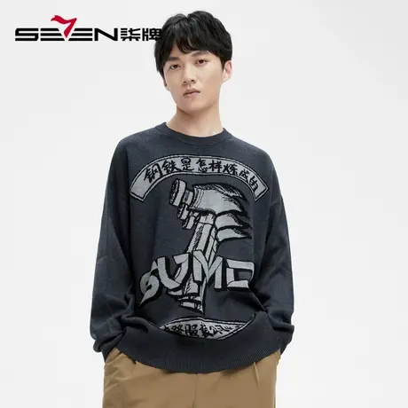 柒牌旗下清仓潮牌SVNMDN毛衣男2022秋冬时尚休闲黑色圆领宽松毛衫图片