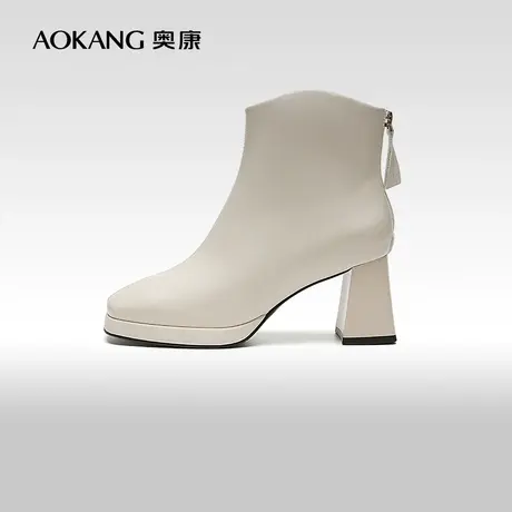 【门店发货】奥康女鞋 2023冬季新款简约大气高跟女士时装靴短靴商品大图