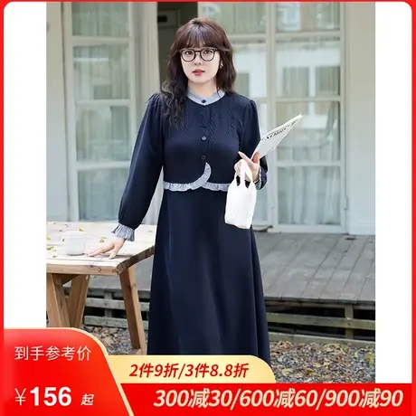 绮娑大码女装秋装新款学院风胖MM连衣裙高腰显瘦假两件针织长款裙图片
