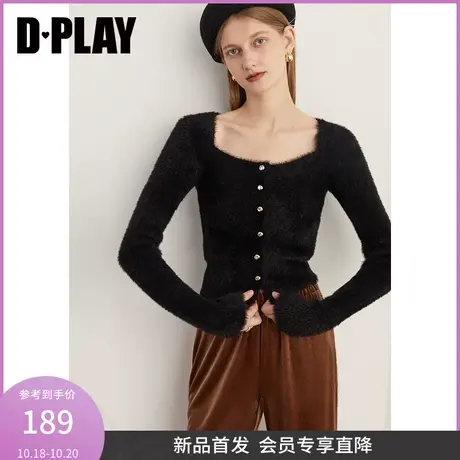 DPLAY2023冬复古黑色短款修身方领定制金属扣仿貂毛套头毛衣商品大图