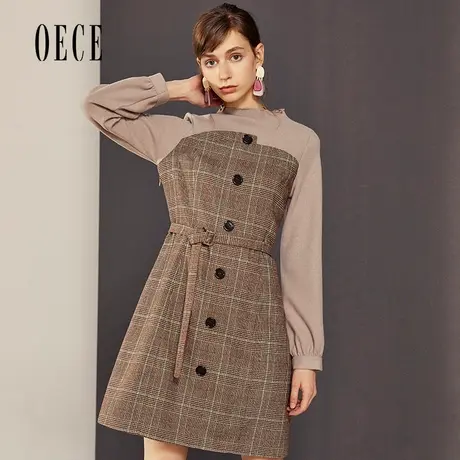 【买1送1】oece冬装复古优雅格纹呢个性拼接假两件连衣裙长袖图片