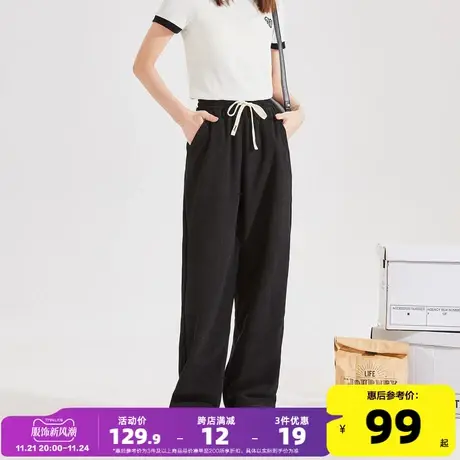 唐狮女运动裤2023春秋新款宽松休闲肌理感黑色高腰阔腿长裤垂感D图片