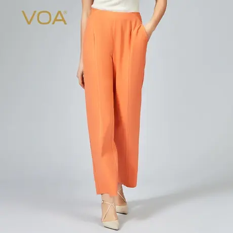 VOA60姆米重磅桑蚕丝橘红色自然腰侧插袋时尚百搭真丝阔腿长裤图片