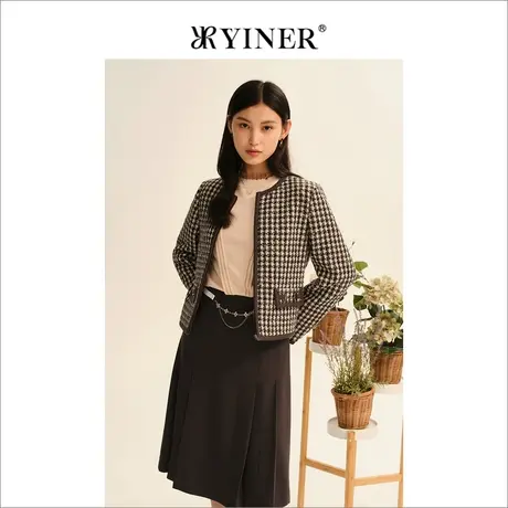 *【小香风】YINER音儿奥莱女装秋季拼接粗花呢短外套商品大图
