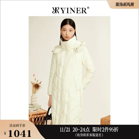 YINER音儿线上专选女装冬季长款衍绣菱纹保暖白鹅绒羽绒服高级感商品大图