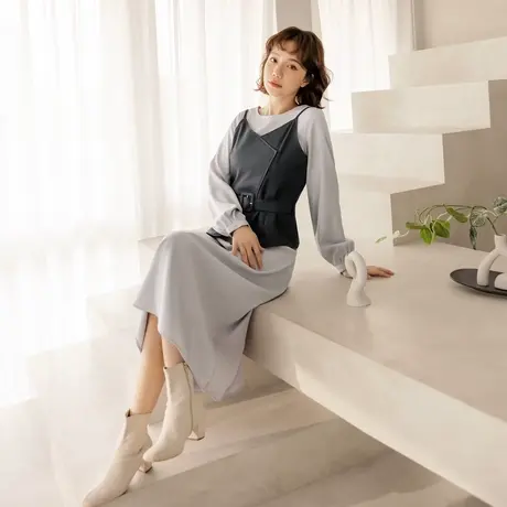 桔熊秋冬季两件套连衣裙子女吊带收腰马甲垂感柔软长裙大码DA9514图片