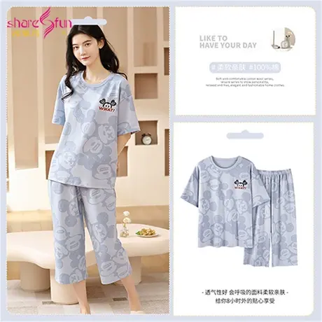 sharefun/霞黛芳纯棉家居服透气短袖七分裤宽松可外穿睡衣套装女商品大图