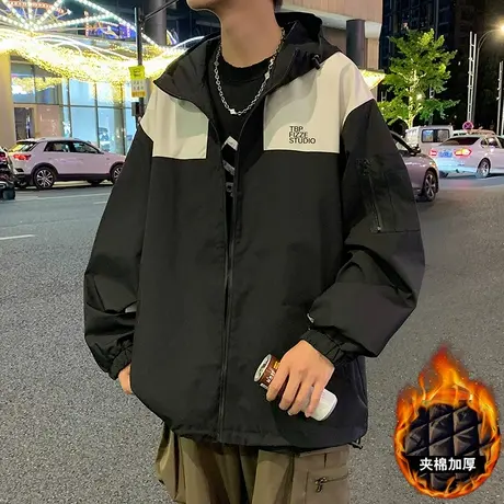 夹棉夹克男春秋季宽松连帽冲锋户外登山衣服美式oversize加厚外套图片