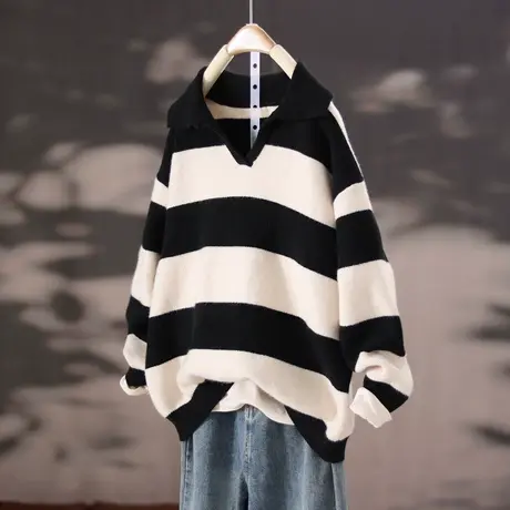 2023春季新款韩版宽松条纹长袖套头针织衫毛衣女士百搭上衣外搭女商品大图