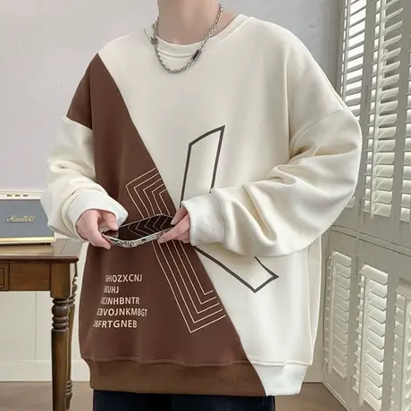 个性拼接卫衣男圆领秋冬款潮牌宽松休闲打底衫春秋季青少年上衣服图片