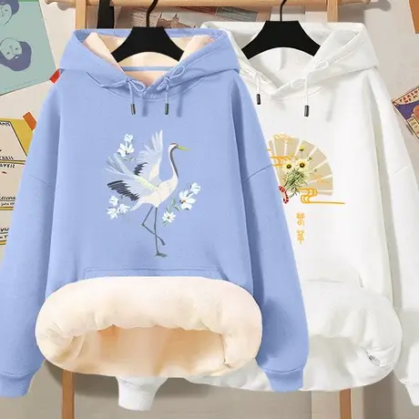 秋冬国风连帽卫衣女2023新款加绒宽松带帽上衣小众设计感冬季外套商品大图