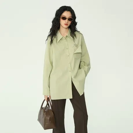 omont蛋挞家 宽松复古口袋印花长袖白衬衫+大翻领设计感衬衫商品大图