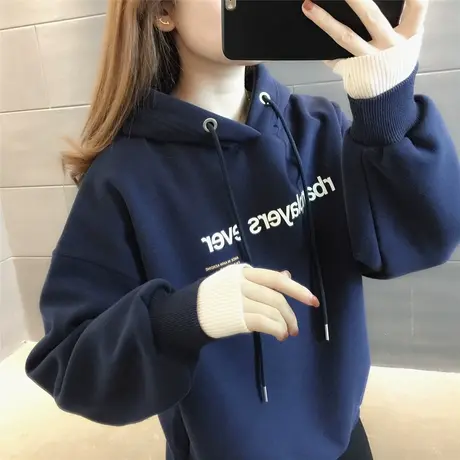 卫衣女2023年新款加绒宽松韩版连帽上衣袖口撞色秋冬加厚上衣小众图片