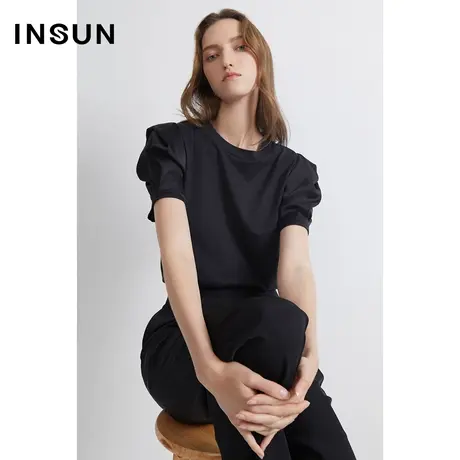 INSUN恩裳夏季拼接褶皱袖纯棉百搭T恤图片