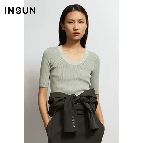 恩裳春季秋季浅绿色短袖圆领毛针织衫商品大图