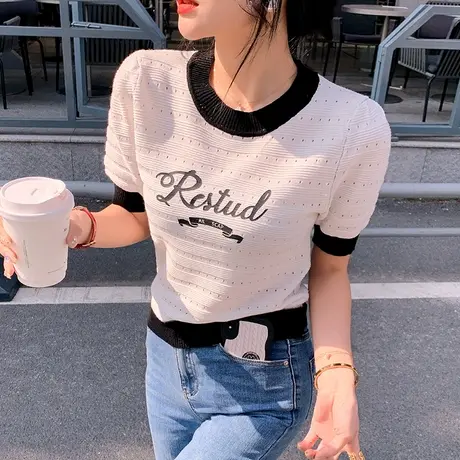 欧货设计感拼色T恤女短袖时尚高腰针织小衫气质百搭流行上衣夏装图片
